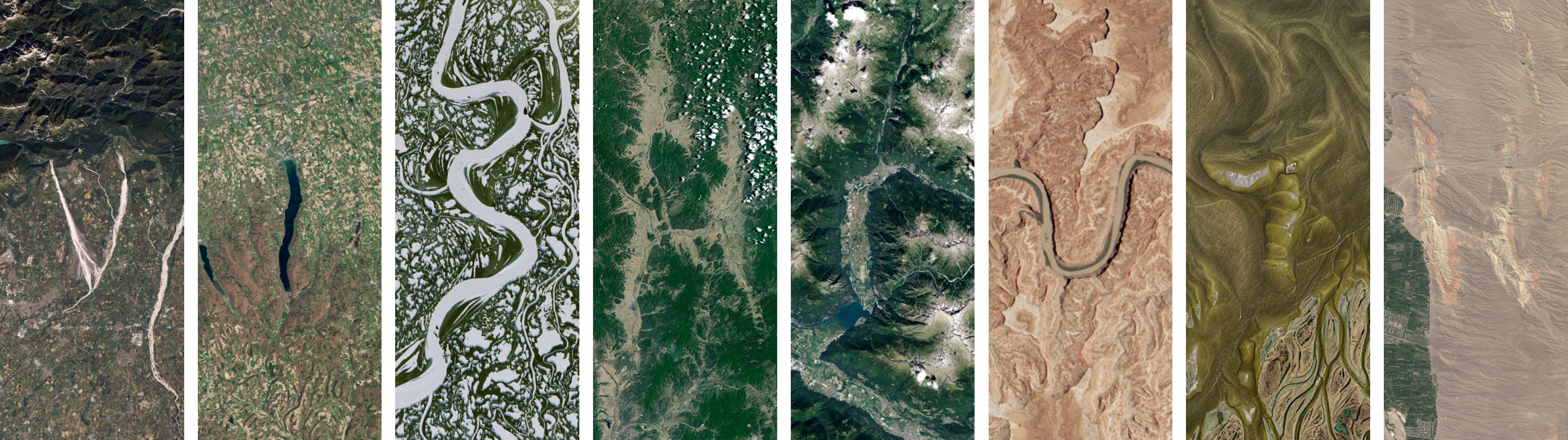satellite image collage of varied landscapes.