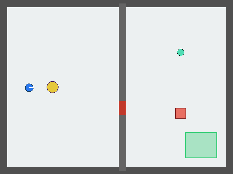 A generated 2D world: an agent opens a gate, grabs a sample, and dodges a moving hazard.