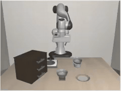 A simulated robot arm in LIBERO-Spatial picking up a bowl and placing it on a plate.